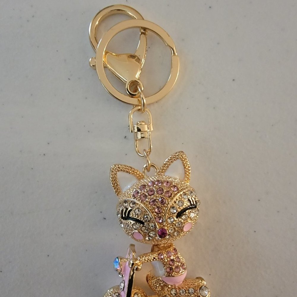 Rhinestone Cat Purse Charm Keychain Pink Crystal Kitty Scooter Handbag Charm - Picture 4 of 6